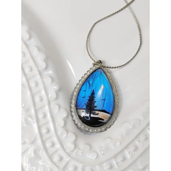 Vintage Morpho Butterfly Wing Pendant Necklace Painted Forest Palm Tree Blue - Picture 10 of 11